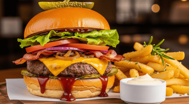 Juicy gourmet burger with fries 