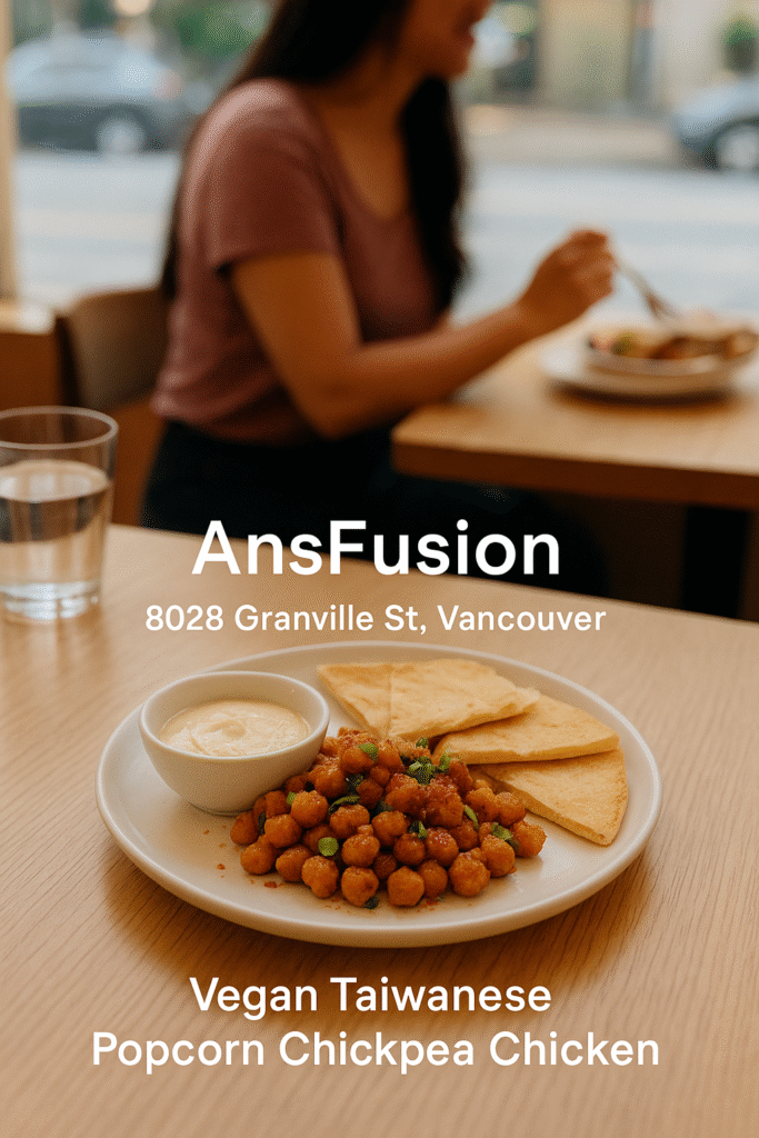 Chef at AnsFusion preparing Vegan Taiwanese Popcorn Chickpea Chicken with aromatic five-spice seasoning