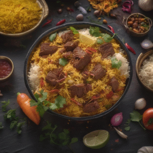 Beef Biryani with saffron rice and fried onions — A & S Fusion, Granville St Vancouver