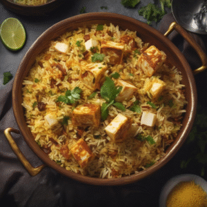 Paneer Biryani with fried onions and cilantro — A & S Fusion, Granville St Vancouver"
