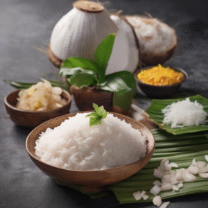 Coconut Rice with toasted coconut flakes and cilantro — A & S Fusion, Granville St Vancouver