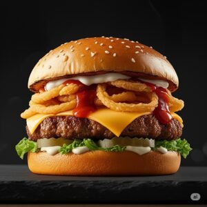 Cowboy Burger with cheddar, bacon & BBQ sauce — A & S Fusion, 8028 Granville St Vancouver