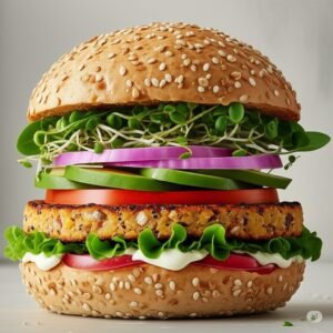 Meatless Marvel Burger with plant-based patty, lettuce, tomato & sauce — A & S Fusion, 8028 Granville St Vancouver