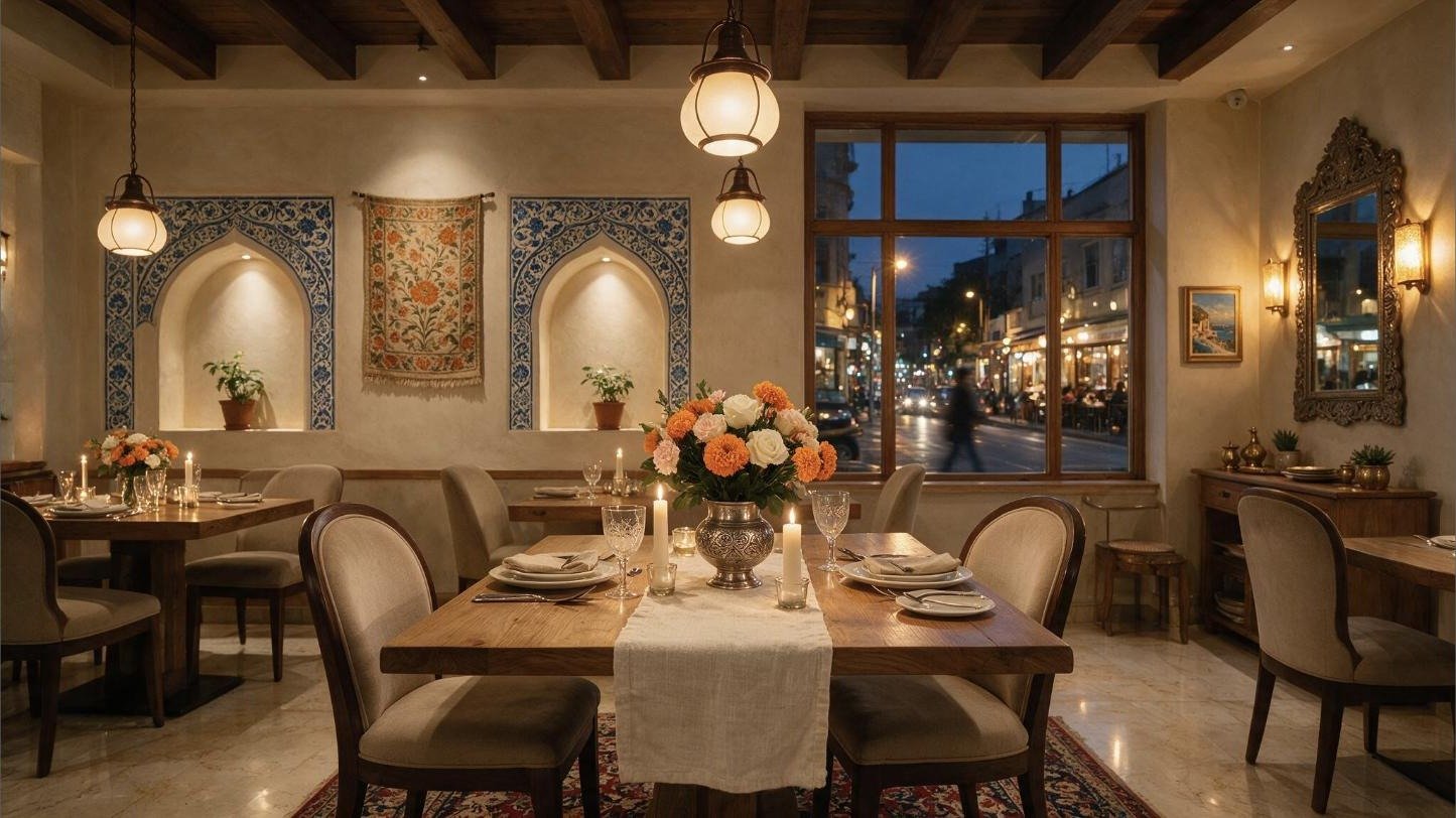 Elegant fusion restaurant interior, the kind of ambience you'll find at the best restaurants on Granville Street in Vancouver