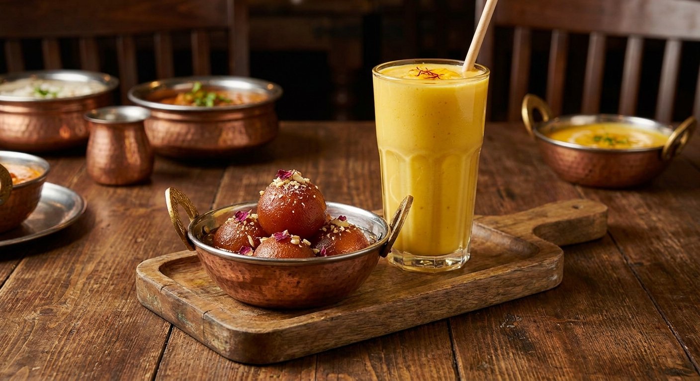 Indian gulab jamun dessert and mango lassi drink on a wooden table, warm restaurant lighting, professional food photogra…