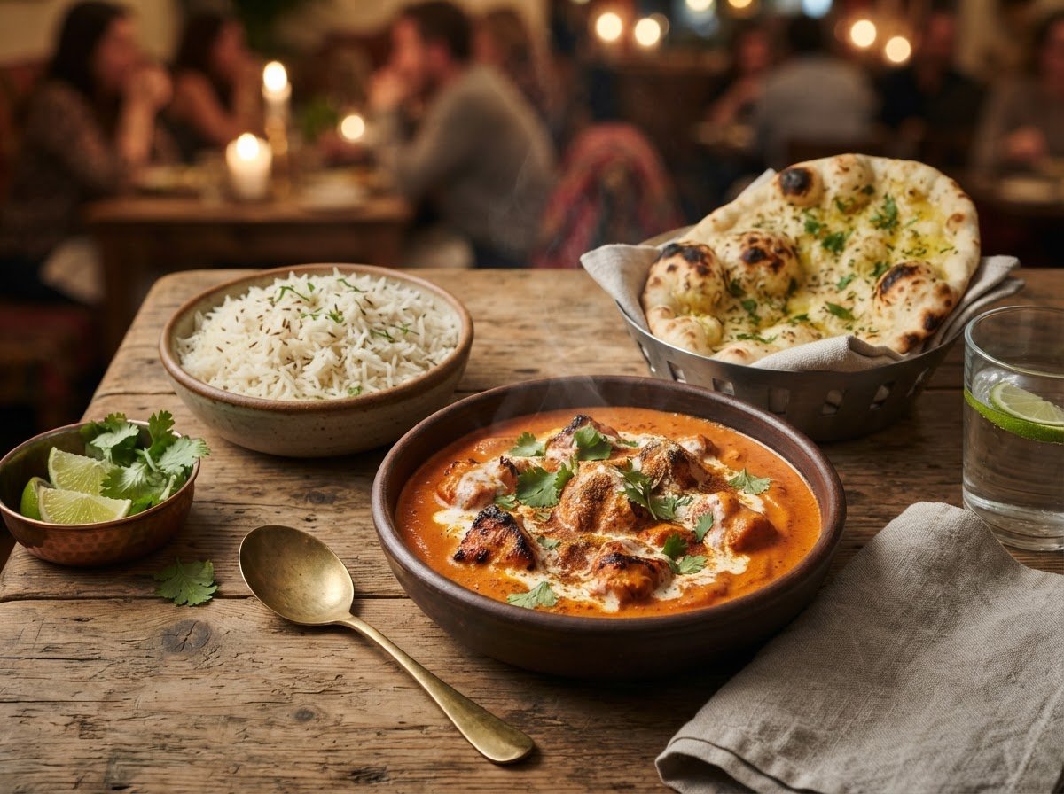 Indian butter chicken curry with basmati rice and naan, among the best Indian restaurants in Vancouver